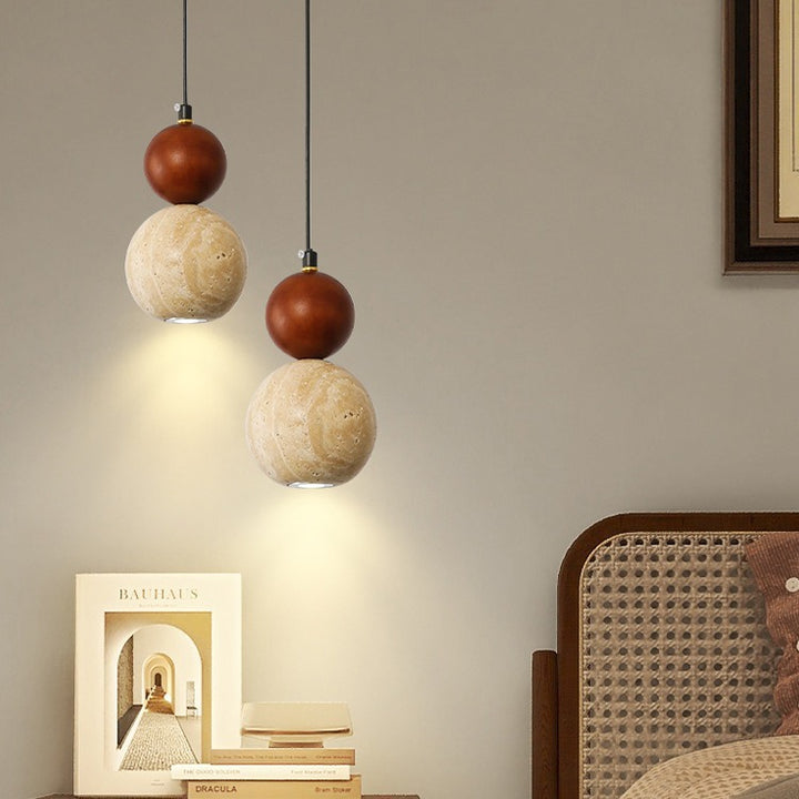 Suspension lumineuse contemporaine rétro en travertin avec abat-jour en forme de globe et bois 1 lumière pour chambre 
