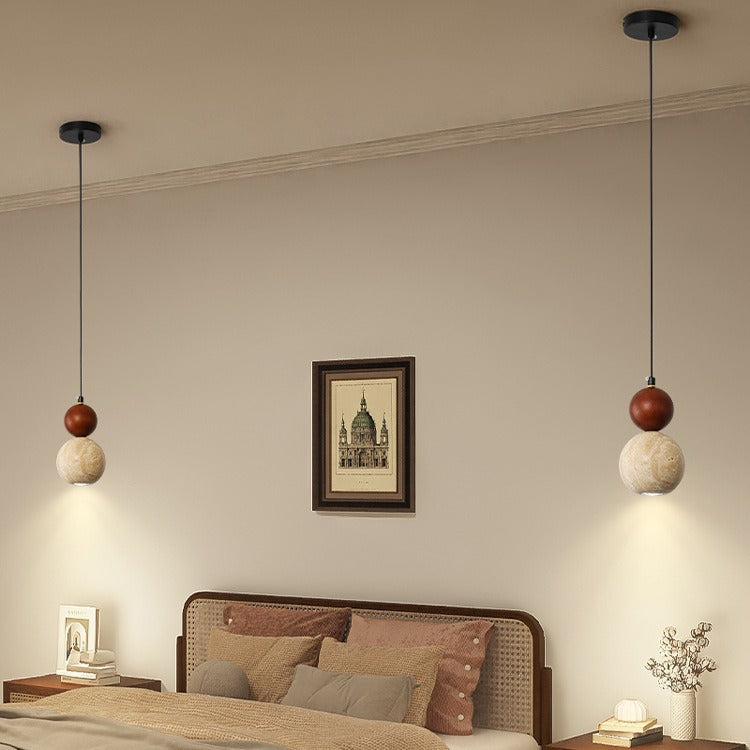 Suspension lumineuse contemporaine rétro en travertin avec abat-jour en forme de globe et bois 1 lumière pour chambre 