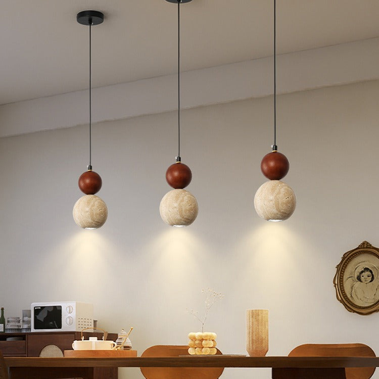 Suspension lumineuse contemporaine rétro en travertin avec abat-jour en forme de globe et bois 1 lumière pour chambre 
