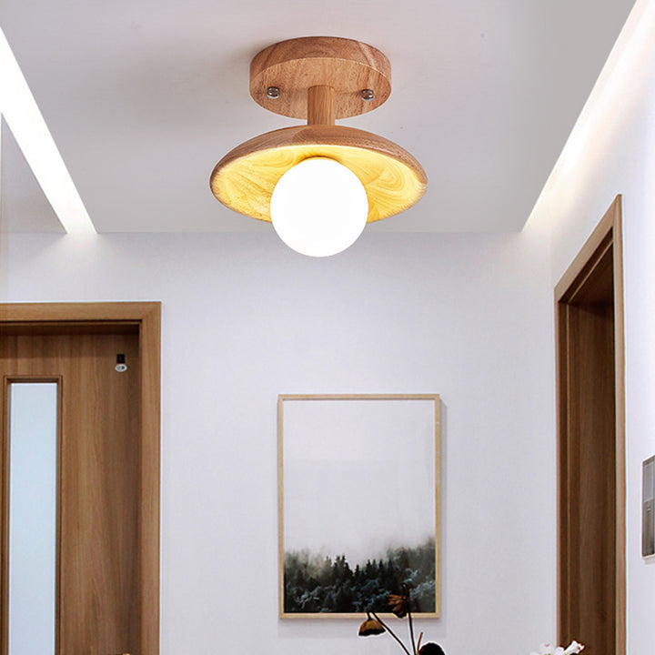 Traditional Japanese Wood Grain Glass Ball Shade 1-Light Semi-Flush Mount Ceiling Light For Living Room