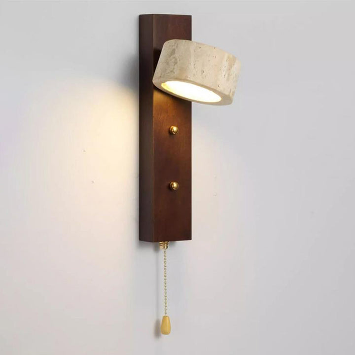 Lámpara Aplique de Pared LED con Pantalla Circular de Anillo de Travertino de Madera Maciza Vintage Tradicional para Dormitorio 