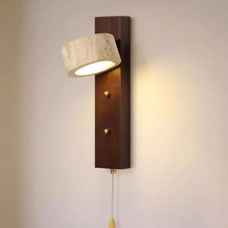 Lámpara Aplique de Pared LED con Pantalla Circular de Anillo de Travertino de Madera Maciza Vintage Tradicional para Dormitorio 