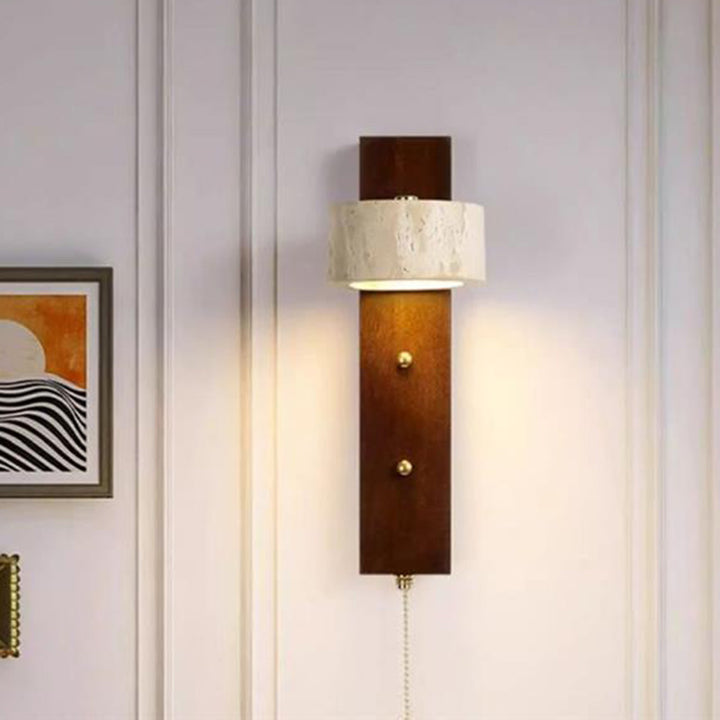 Lámpara Aplique de Pared LED con Pantalla Circular de Anillo de Travertino de Madera Maciza Vintage Tradicional para Dormitorio 