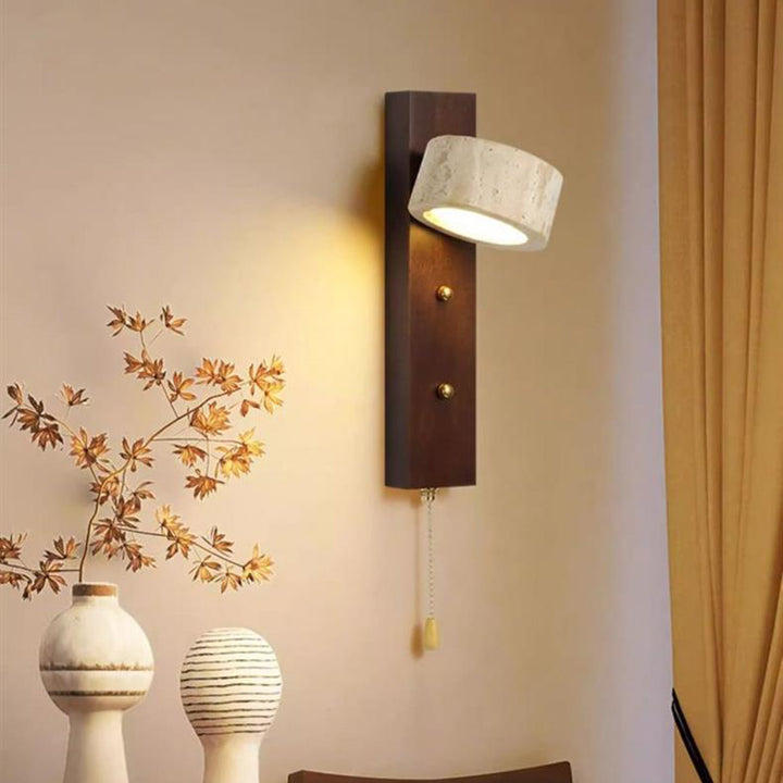 Lámpara Aplique de Pared LED con Pantalla Circular de Anillo de Travertino de Madera Maciza Vintage Tradicional para Dormitorio 