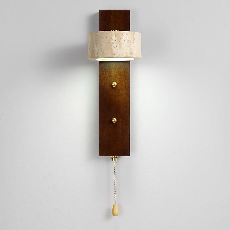 Lámpara Aplique de Pared LED con Pantalla Circular de Anillo de Travertino de Madera Maciza Vintage Tradicional para Dormitorio 