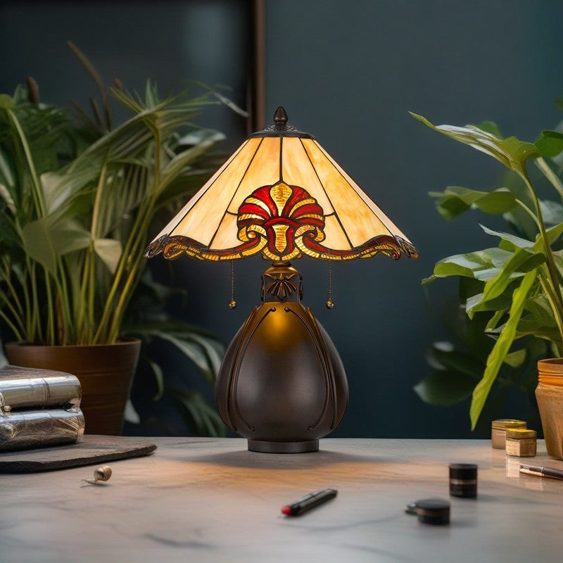 Traditionelle Tiffany-Buntglas-Kegelschirm-Resin-Vasenbasis 1-Licht-Tischlampe für das Schlafzimmer 