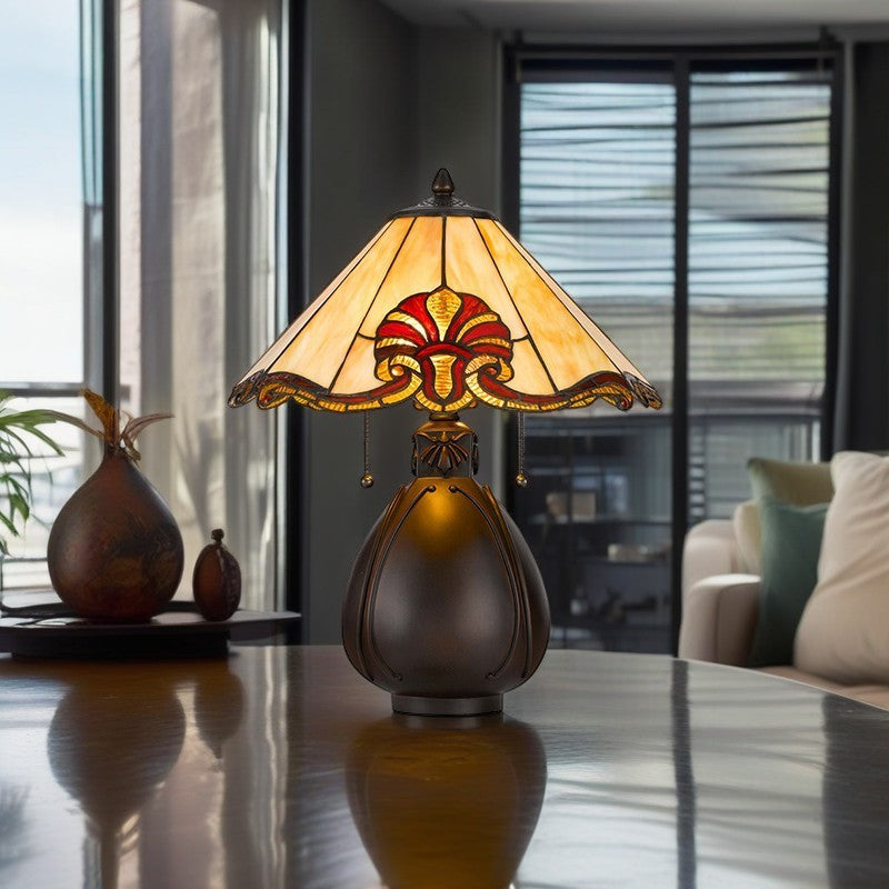 Traditionelle Tiffany-Buntglas-Kegelschirm-Resin-Vasenbasis 1-Licht-Tischlampe für das Schlafzimmer 