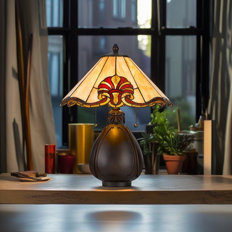 Traditionelle Tiffany-Buntglas-Kegelschirm-Resin-Vasenbasis 1-Licht-Tischlampe für das Schlafzimmer 