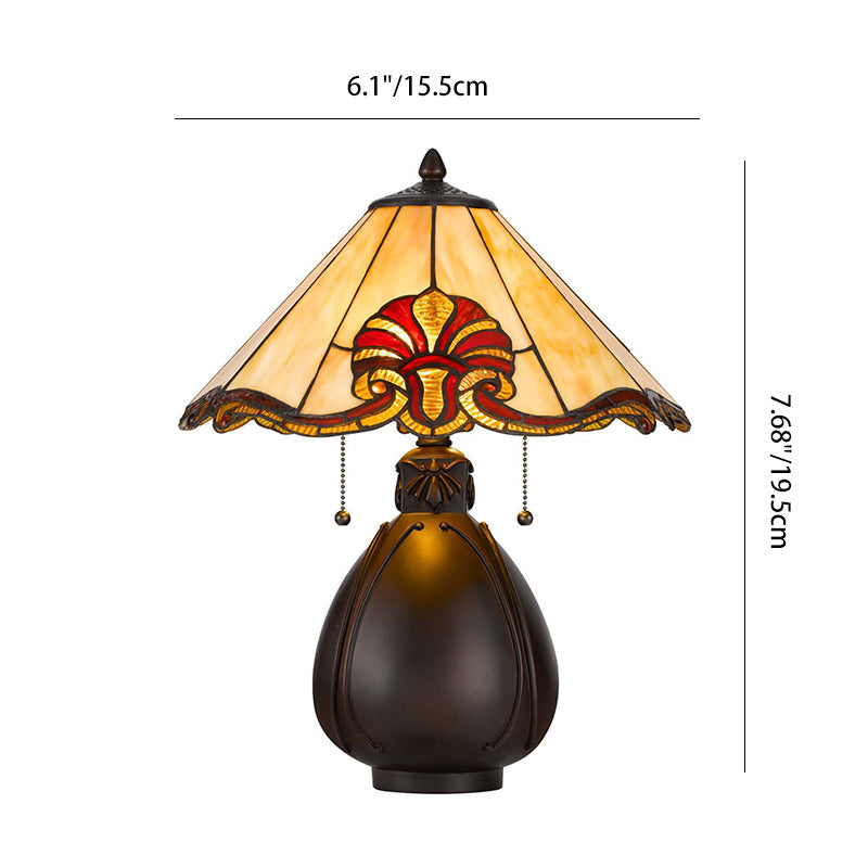Traditionelle Tiffany-Buntglas-Kegelschirm-Resin-Vasenbasis 1-Licht-Tischlampe für das Schlafzimmer 