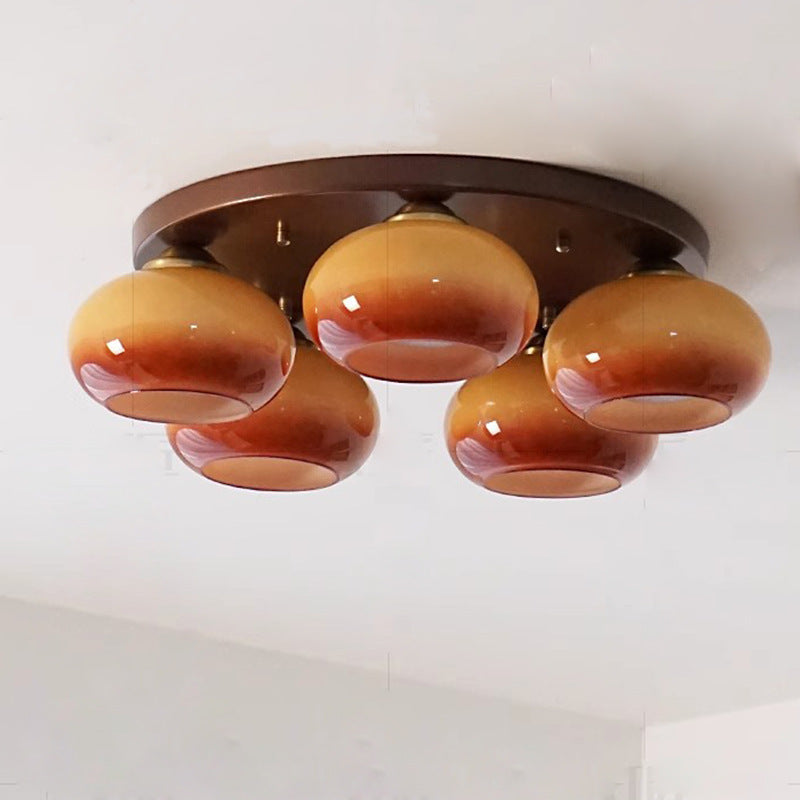 Traditionelle französische Glas-Kaki-Schirm Eisen 5-Licht Semi-Flush Mount Deckenleuchte für Wohnzimmer 