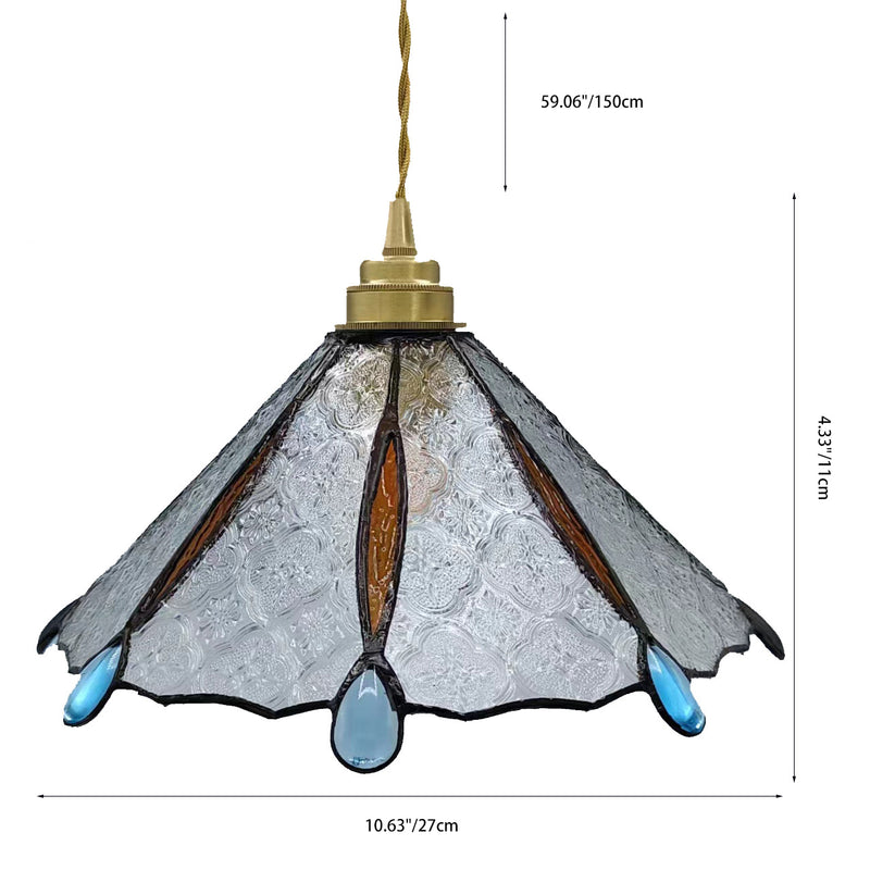 Traditionelle Tiffany-Hängelampe aus Messing mit konischem Buntglas-Schirm für Schlafzimmer 