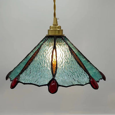 Traditionelle Tiffany-Hängelampe aus Messing mit konischem Buntglas-Schirm für Schlafzimmer 
