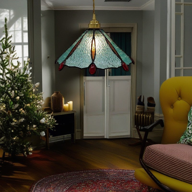 Traditionelle Tiffany-Hängelampe aus Messing mit konischem Buntglas-Schirm für Schlafzimmer 