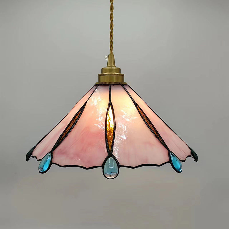 Abat-jour conique en verre teinté en laiton traditionnel Tiffany 1 lumière pour suspension pour chambre 