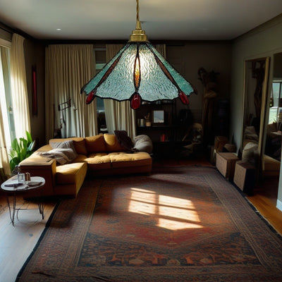 Traditionelle Tiffany-Hängelampe aus Messing mit konischem Buntglas-Schirm für Schlafzimmer 