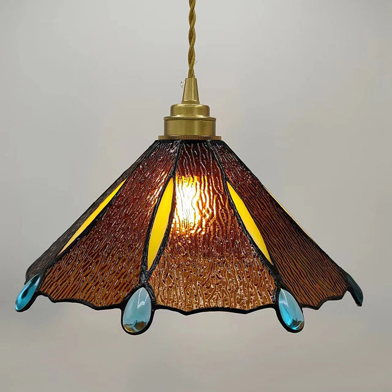 Abat-jour conique en verre teinté en laiton traditionnel Tiffany 1 lumière pour suspension pour chambre 