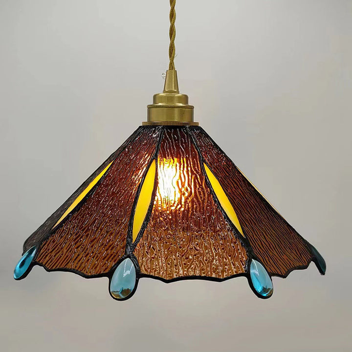 Abat-jour conique en verre teinté en laiton traditionnel Tiffany 1 lumière pour suspension pour chambre 