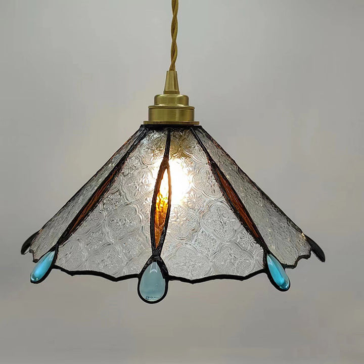 Abat-jour conique en verre teinté en laiton traditionnel Tiffany 1 lumière pour suspension pour chambre 