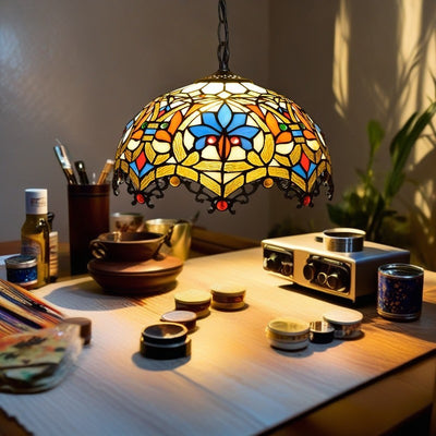 Traditionelle Tiffany-Lotusblume-Buntglas-Kuppel 1-Licht-Pendelleuchte für das Schlafzimmer 