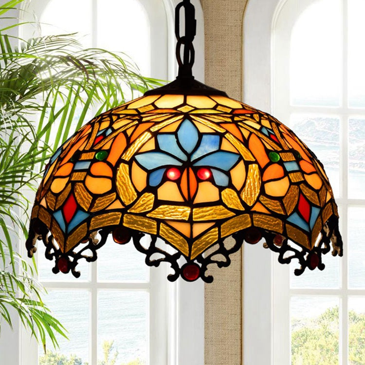 Dôme en verre teinté fleur de lotus Tiffany traditionnel, suspension à 1 lumière pour chambre 