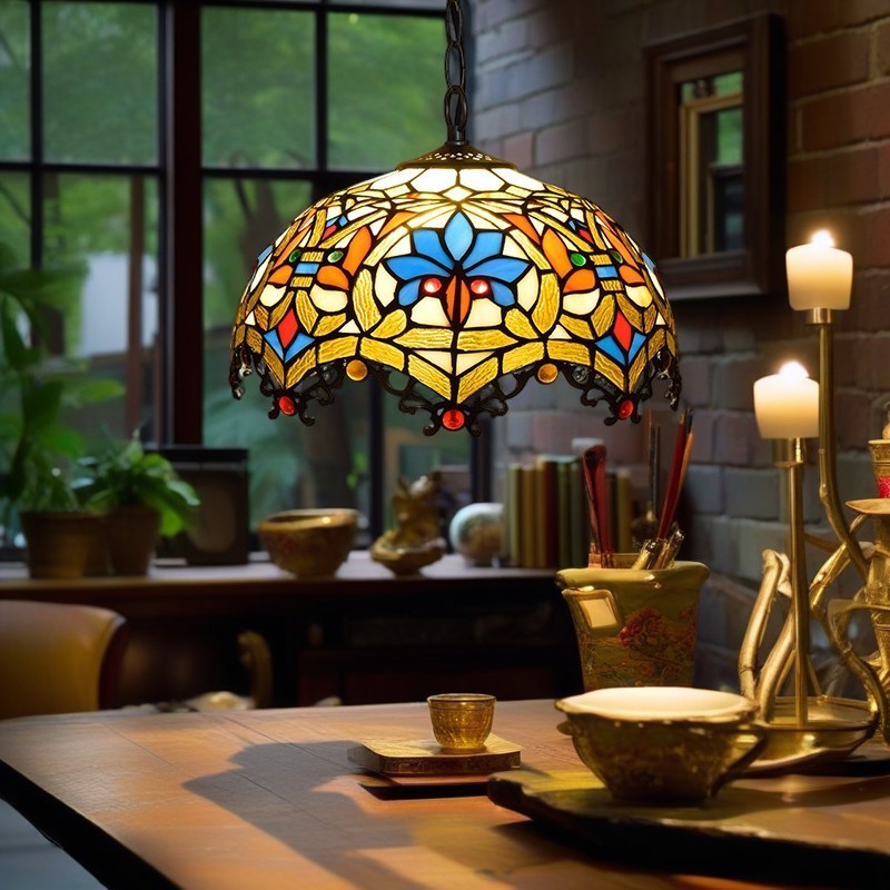 Dôme en verre teinté fleur de lotus Tiffany traditionnel, suspension à 1 lumière pour chambre 