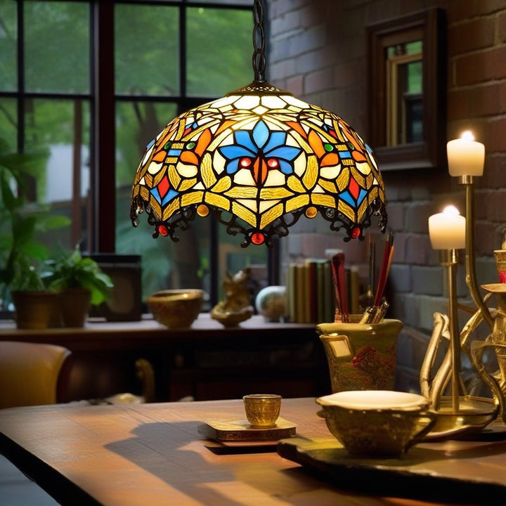 Dôme en verre teinté fleur de lotus Tiffany traditionnel, suspension à 1 lumière pour chambre 