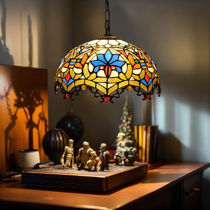 Dôme en verre teinté fleur de lotus Tiffany traditionnel, suspension à 1 lumière pour chambre 