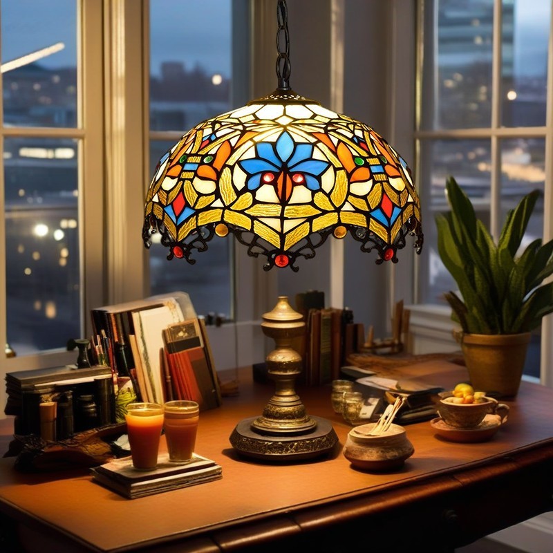 Dôme en verre teinté fleur de lotus Tiffany traditionnel, suspension à 1 lumière pour chambre 