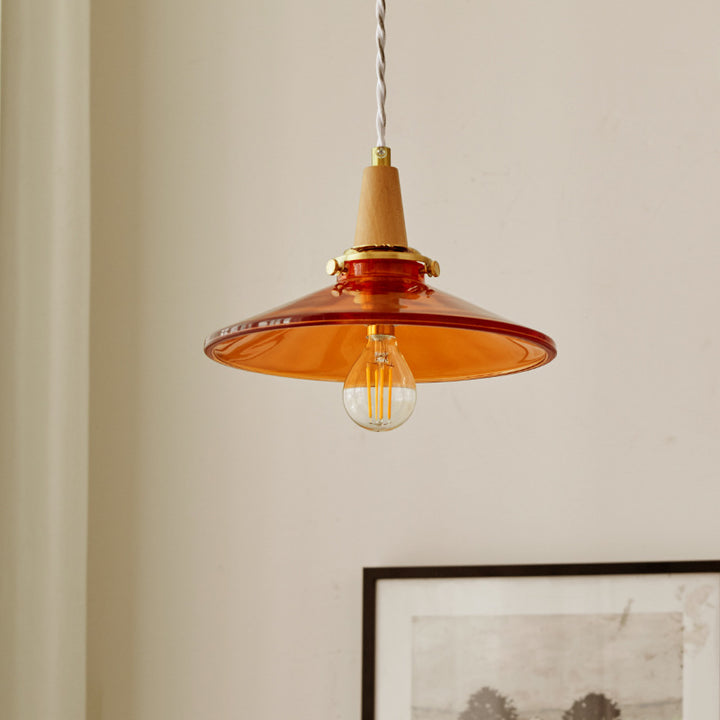 Traditionelle Vintage Pendelleuchte aus Messing, massivem Holz und Glas mit konischem Schirm, 1-flammig, für das Schlafzimmer 