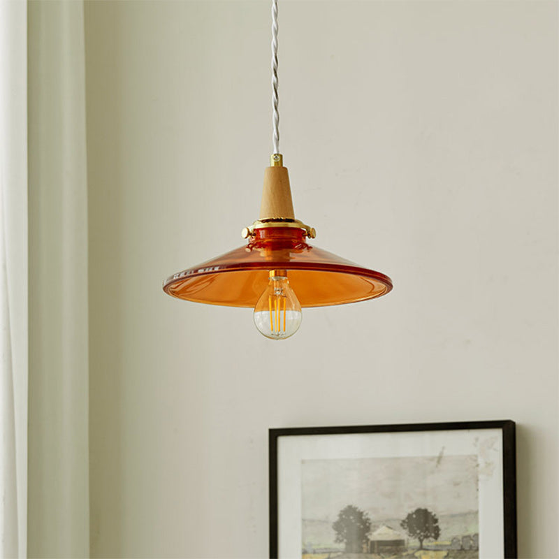 Traditionelle Vintage Pendelleuchte aus Messing, massivem Holz und Glas mit konischem Schirm, 1-flammig, für das Schlafzimmer 