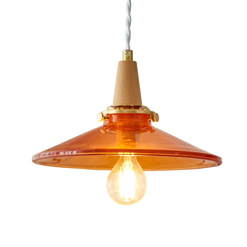 Traditionelle Vintage Pendelleuchte aus Messing, massivem Holz und Glas mit konischem Schirm, 1-flammig, für das Schlafzimmer 