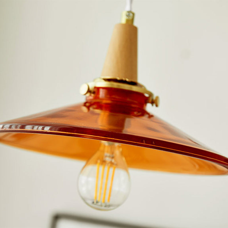 Traditionelle Vintage Pendelleuchte aus Messing, massivem Holz und Glas mit konischem Schirm, 1-flammig, für das Schlafzimmer 