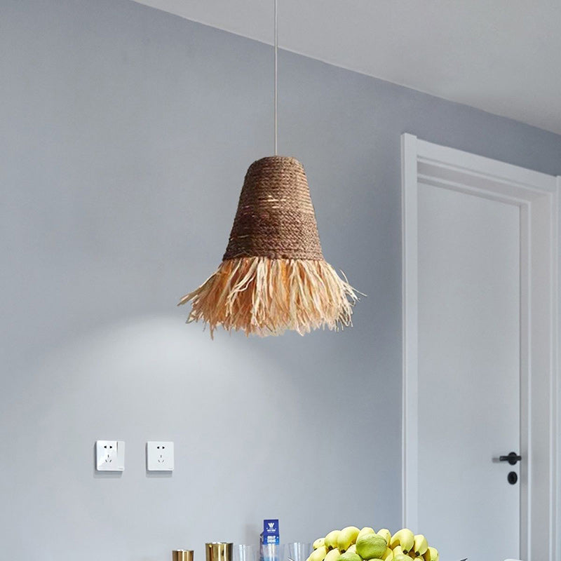 Suspension Luminaire à Une Lumière avec Abat-Jour en Paille de Laine de Lafite Tressée de Style Ferme Traditionnelle pour Salle à Manger 