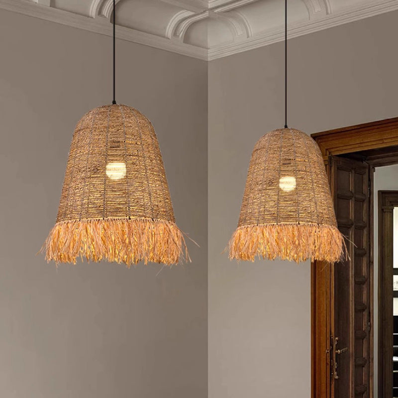 Suspension Luminaire à Une Lumière avec Abat-Jour en Paille de Laine de Lafite Tressée de Style Ferme Traditionnelle pour Salle à Manger 