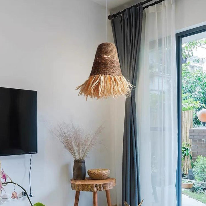 Suspension Luminaire à Une Lumière avec Abat-Jour en Paille de Laine de Lafite Tressée de Style Ferme Traditionnelle pour Salle à Manger 