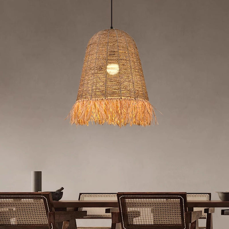 Suspension Luminaire à Une Lumière avec Abat-Jour en Paille de Laine de Lafite Tressée de Style Ferme Traditionnelle pour Salle à Manger 