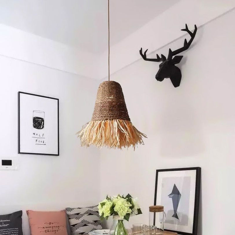 Suspension Luminaire à Une Lumière avec Abat-Jour en Paille de Laine de Lafite Tressée de Style Ferme Traditionnelle pour Salle à Manger 