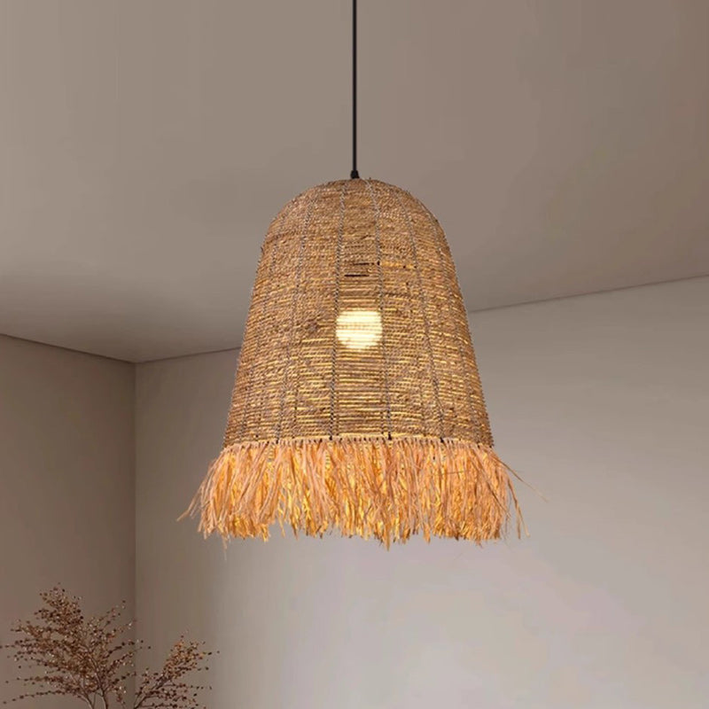 Suspension Luminaire à Une Lumière avec Abat-Jour en Paille de Laine de Lafite Tressée de Style Ferme Traditionnelle pour Salle à Manger 