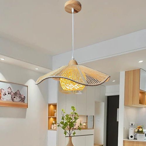 Lámpara colgante de 1 luz con pantalla corrugada de cuerda de cáñamo rústica tradicional de ratán para comedor 