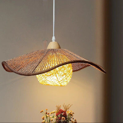 Lámpara colgante de 1 luz con pantalla corrugada de cuerda de cáñamo rústica tradicional de ratán para comedor 