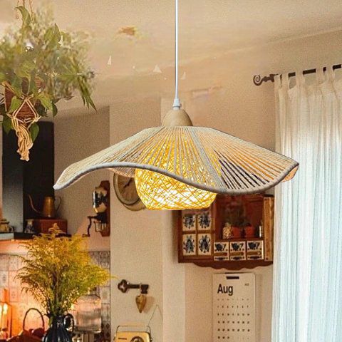 Lámpara colgante de 1 luz con pantalla corrugada de cuerda de cáñamo rústica tradicional de ratán para comedor 