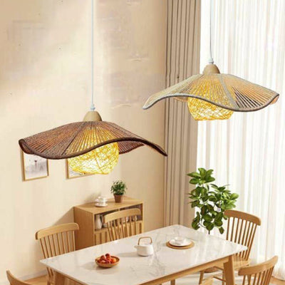 Lámpara colgante de 1 luz con pantalla corrugada de cuerda de cáñamo rústica tradicional de ratán para comedor 