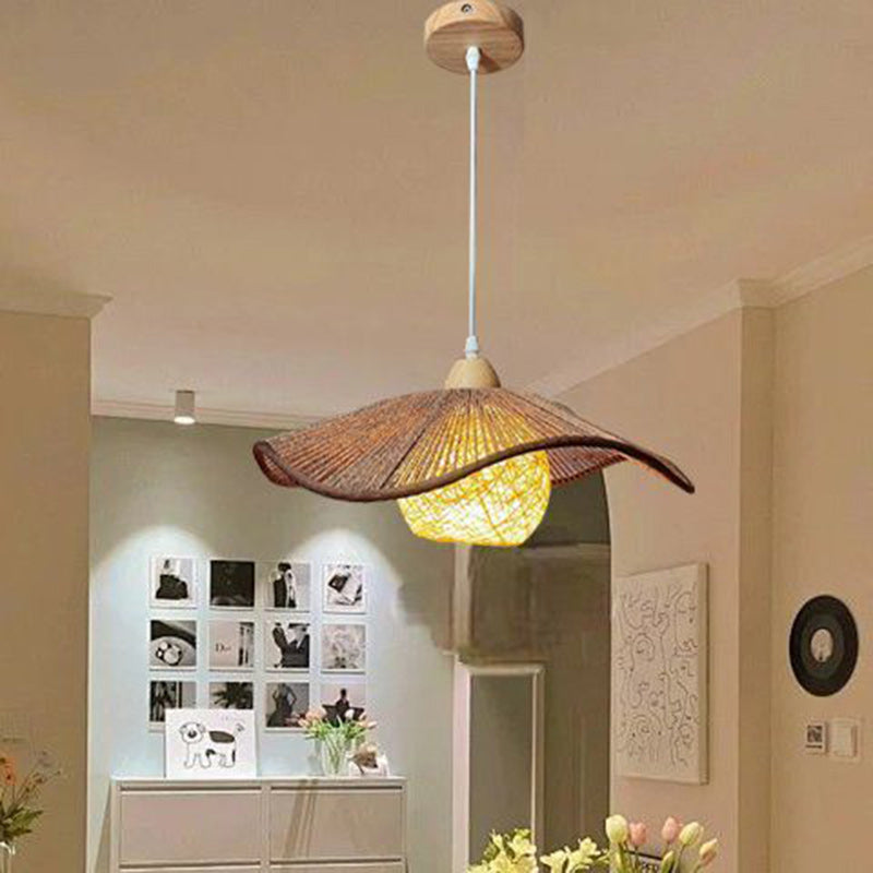 Lámpara colgante de 1 luz con pantalla corrugada de cuerda de cáñamo rústica tradicional de ratán para comedor 