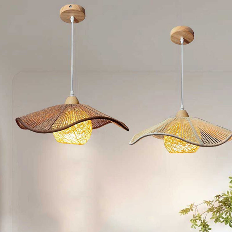 Traditional Rustic Rattan Hemp Rope Corrugated Shade 1-Light Pendant Light For Dining Room
