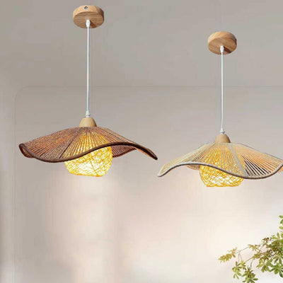 Lámpara colgante de 1 luz con pantalla corrugada de cuerda de cáñamo rústica tradicional de ratán para comedor 