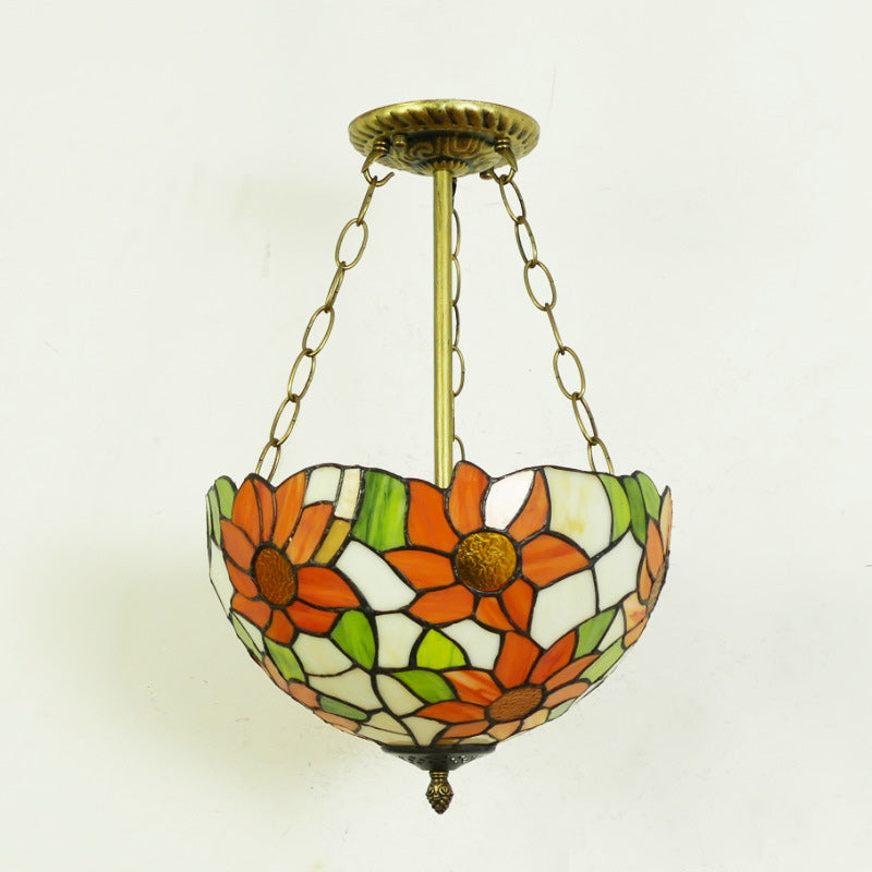 Traditionelle Tiffany-Sonnenblume-Buntglas-Kuppel Eisen 1/2-Licht Pendelleuchte für Esszimmer 