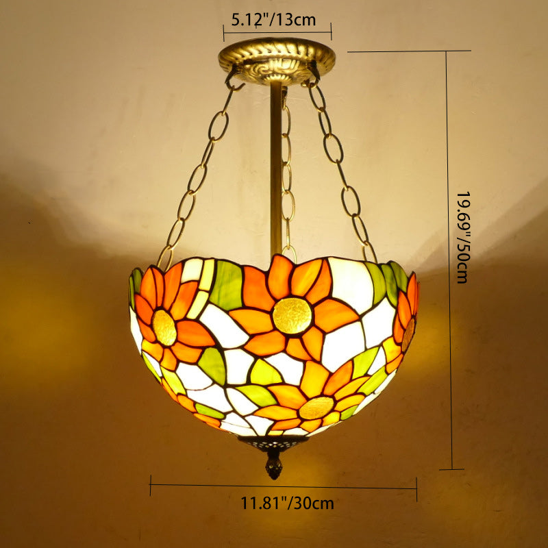 Traditionelle Tiffany-Sonnenblume-Buntglas-Kuppel Eisen 1/2-Licht Pendelleuchte für Esszimmer 