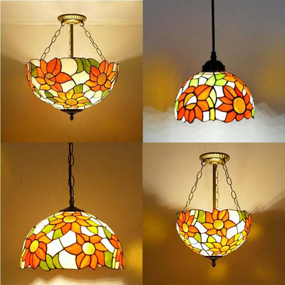 Traditionelle Tiffany-Sonnenblume-Buntglas-Kuppel Eisen 1/2-Licht Pendelleuchte für Esszimmer 
