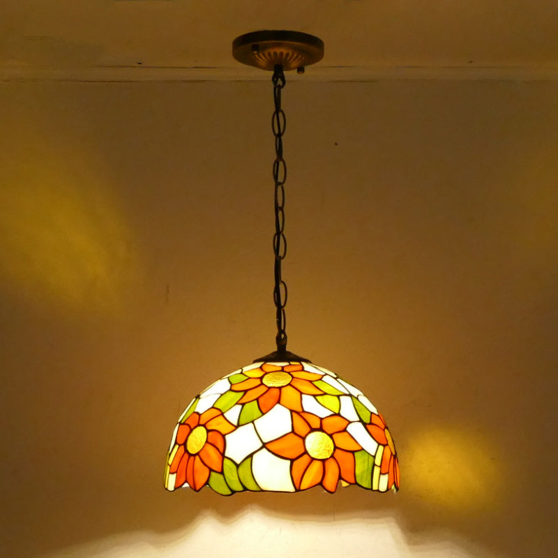 Traditionelle Tiffany-Sonnenblume-Buntglas-Kuppel Eisen 1/2-Licht Pendelleuchte für Esszimmer 