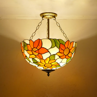 Traditionelle Tiffany-Sonnenblume-Buntglas-Kuppel Eisen 1/2-Licht Pendelleuchte für Esszimmer 